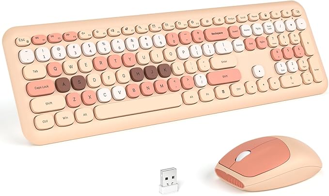 KNOWSQT Wireless Keyboard and Mouse Combo, Pale Milktea Full-Sized 2.4G Silent Keycap Colorful Keyboards, USB Dongle Plug Play, for Laptop, Windows, PC, Computer, Desktop