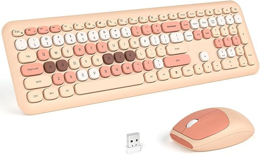 KNOWSQT Wireless Keyboard and Mouse Combo, Pale Milktea Full-Sized 2.4G Silent Keycap Colorful Keyboards, USB Dongle Plug Play, for Laptop, Windows, PC, Computer, Desktop