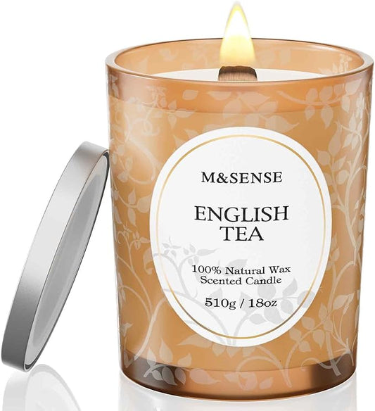 M&SENSE Lemon English Tea Candle, Wooden Wick Scented Candles, 100 Hours Long Burning No Toxin Natural Soy Wax 18oz, Calming Relaxing Home Fragrance, Housewarming Gifts for Men Women