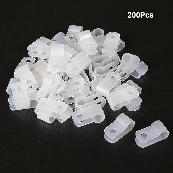 200 Pcs White Nylon R-Type Cable Clamp 1/4 Inch Cable Organizer Assortment Kit for Wire Management