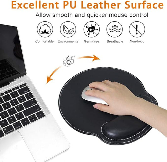 Mouse Pad Leather Wrist Rest Support, Ergonomic Memory Foam Mouse Wrist Rest Pad with Non Slip Rubber Base, Durable, Comfortable Mousepad for Computer Pain Relief at Home, Office, Work Travel, Black