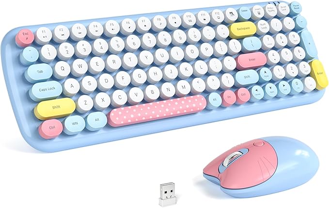 MOFII Wireless Keyboard and Mouse, USB 2.4GHz Full Size Typewriter Keyboard and Cute Cat Shape Design Mouse Combo for Windows 7/8/10, Laptop, Desktop, PC, Computer (Blue Colorful)