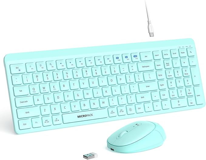 Teal Wireless Keyboard and Mouse Combo for Desktop Mac iPad Bluetooth 2.4 Ghz Rechargeable Slim Silent Click with Number Pad Compatible with Pc, Laptop, Tablet (Green)