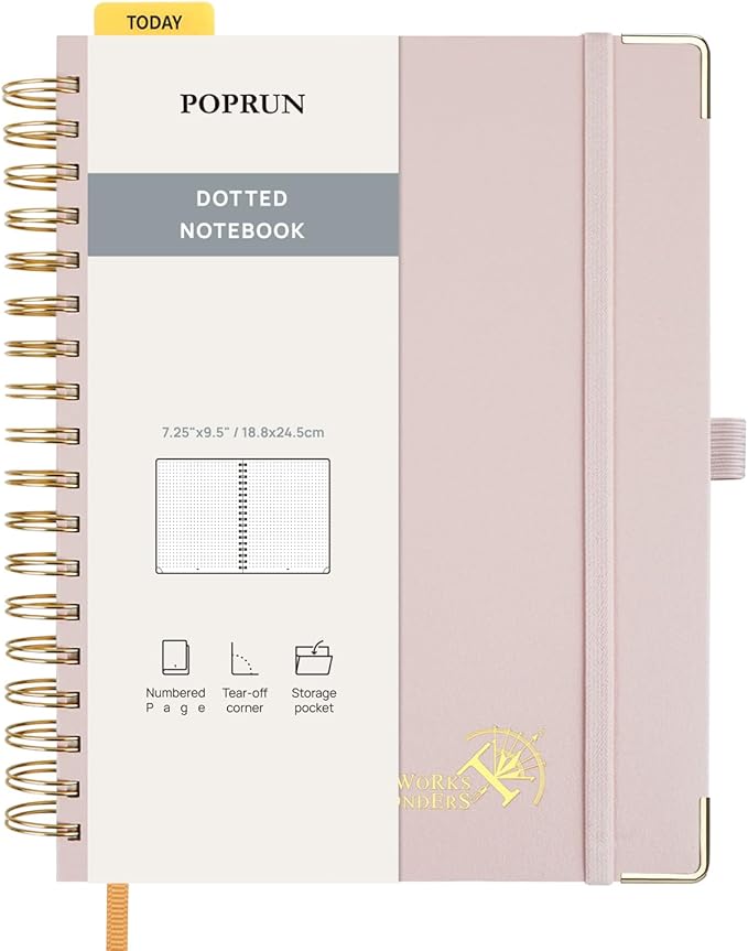 POPRUN Spiral Dotted Journal Notebook, 7-1/4" x 9-1/2" - 120 GSM Thick Paper, 220 Numbered Pages, Hardcover for Men & Women with Pocket, Index Tabs, 8 Perforated Sheets, Light Pink