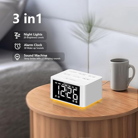 【3 in 1】 Small Sound Machine Alarm Clock Night Light White Noise Machine 27 Sleeping Sounds for Adults Kids Precise 32 Level Volume Sleep Timer Memory Function Digital Clock with 30 Wake Up Sounds