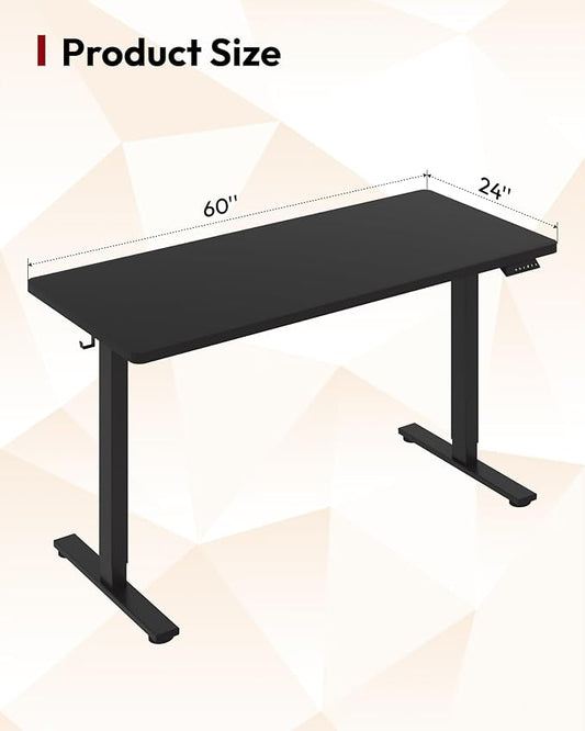 SANODESK Electric Standing Desk 60 x 24 Inches Whole-Piece Desktop Height Adjustable Stand Up Desk w/6-Button Controller Ergonomic Computer Desk for Home Office, Black Frame + Black Tabletop