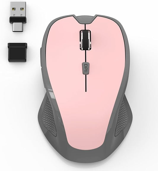 Bluetooth Wireless Computer Mouse for Laptop PC Mac, 2.4G Ergonomic Cordless Mouse Jiggler with USBA/USBC Receiver & Type-C Adapter, 3 DPI Levels 6 Buttons Rechargeable Mice for Office&Home-PINK