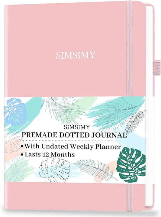 Premade Bullet Dotted Journal with Undated Weekly Monthly Planner, Pre-made Dot Grid Journaling Aesthetic Notebook for Goals Gratitude Budget Exercise Habits Mood Sleep Tracker - 12 Month