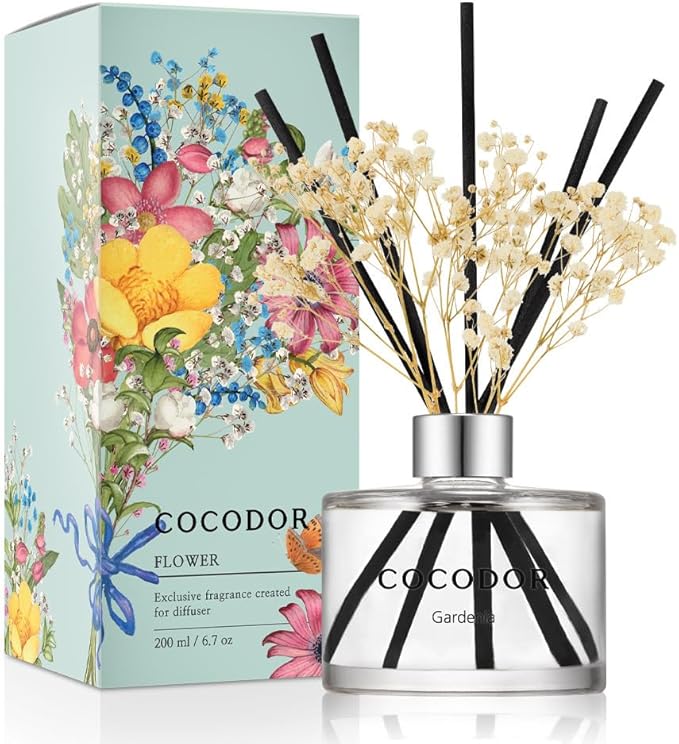 COCODOR Flower Reed Diffuser Set / 6.7oz / Gardenia/Scent Diffuser with Sticks Home Fragrance Reed Diffuser for Bathroom Shelf Decor