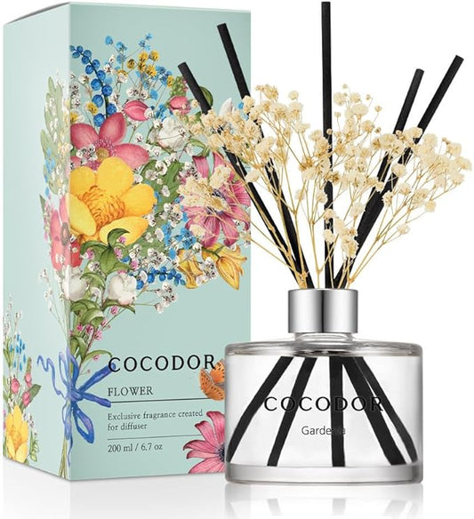 COCODOR Flower Reed Diffuser Set / 6.7oz / Gardenia/Scent Diffuser with Sticks Home Fragrance Reed Diffuser for Bathroom Shelf Decor