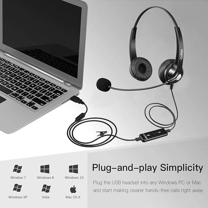 USB Headset with Microphone Noise Cancelling & Audio Controls, Stereo Computer Headphones for Business Skype UC Lync Softphone Call Center Office, Clearer Voice, Super Light, Ultra Comfort