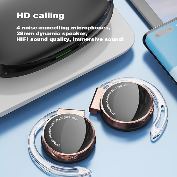 Open-Ear Headphones Bluetooth V5.3, On Ear Headphones Wireless with Earhooks, Ear Clip On Earphones, Sports Headset Bluetooth with 4 Microphones, Noise Cancelling/Long Battery Life
