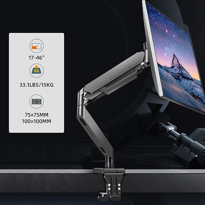 43 Ultrawide Monitor Arm Single Heavy Duty Desk Mount Computer Adjustable Gas Spring Stand for 17 to 46 inch, Screen up to 30lbs with VESA 75x75mm or 100x100mm M7B