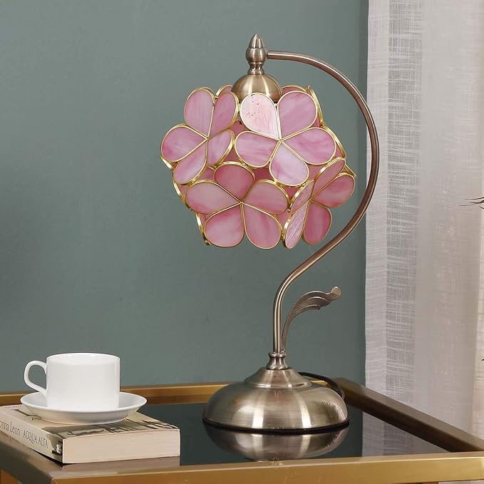 Bieye L10732 Tiffany Style Stained Glass Flower Petal Table Lamp with Brass Base for Home Décor (Pink, 8" Cherry Blossom)