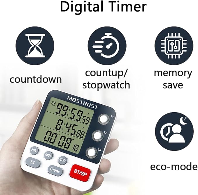 Digital Dual Kitchen Timer, 3 Channels Count Down/Up Triple Timer for Cooking, Magnetic Memory-Preset Large Display Adjustable Alarm Volume, Multi Times Management, 3A Battery Included, White