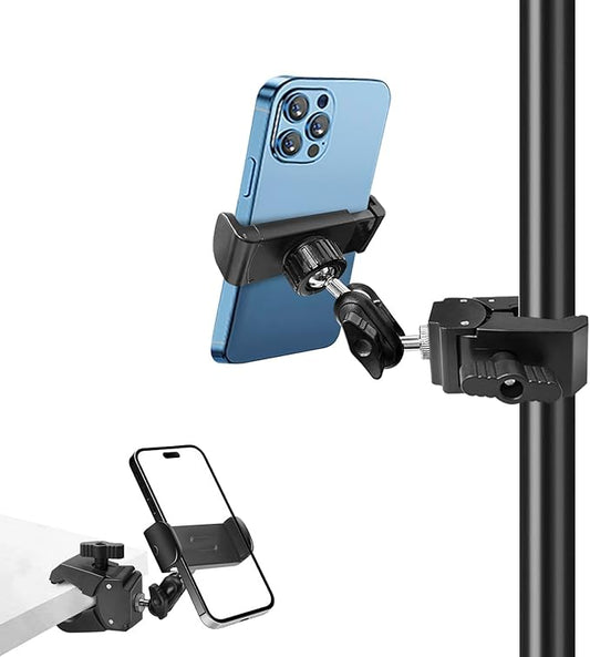 Phone Holder for Mic Stand, Treadmill, Spin Bike, Stroller, Adjustable Clamp on Phone Holder for Microphone Stand, Desk Pipe Pole Clamp Phone Mount Stands for iPhone Samsung All Smartphones (Standard)