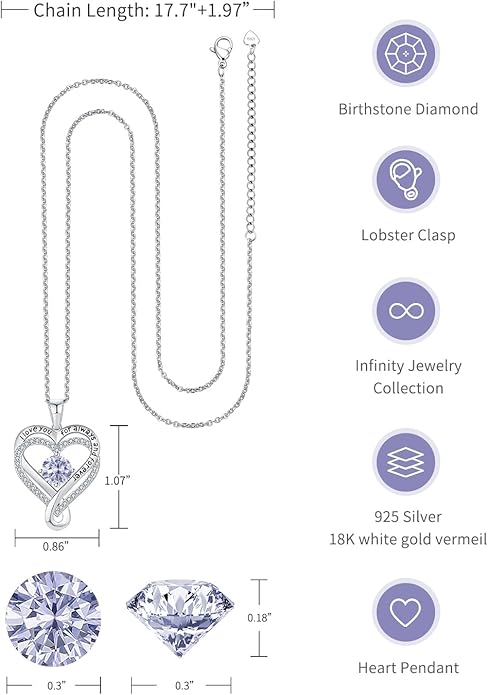 Jewelry for Women Wife Infinity Heart Birthstone I Love You Necklace S925 Anniversary Women Necklaces for Her Wife Birthday Gift Ideas, Birthday Present for Girlfriend Mom Daughter Sterling Silver