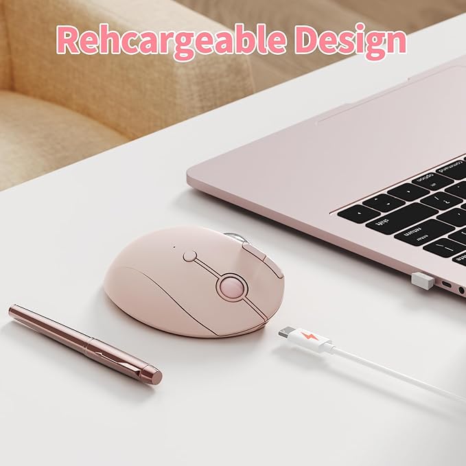 seenda Wireless Trackball Mouse, Bluetooth Ergonomic Rollerball Mouse, Rechargeable Multi Devices USB/Bluetooth Connection Thumb Control Compatible for Mac/Android/Windows Computers, Rose Pink