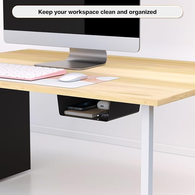 2 Pack Adhesive Under Desk Hanging Shelf Mount Drawer Organizer, Attachable Plastic Under Desk Storage Tray for Standing Desks, Tables, Workstations, Gaming, Cabinet, Increase Storage Space - Black