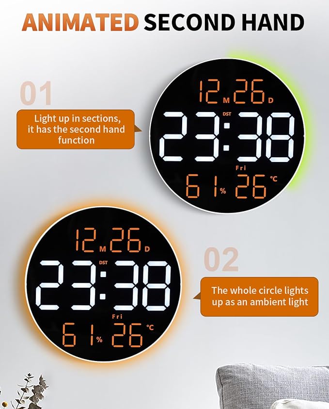 10 Inch Large Digital Wall Clock with 13 Color Changing Remote Control, Date Week Temperature, Auto Brightness Dimmer Big Clock with Night Lights,RGB