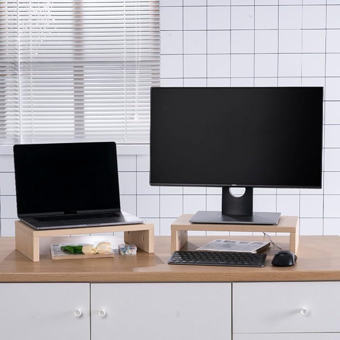 Dual Monitor Riser, 2 Pack Stand for Desk, Computer Stand Riser for 2 Monitors/Laptop/PC, Beige Wood Desktop (1-Tier)