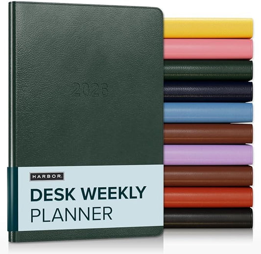 Harbor Desk Weekly Monthly Planner 2025-2026 - Calendar Planner and Notebook, Durable Faux Leather, 192 Pages, Softcover & Book Bound - Leida Pine - 8x5.5"