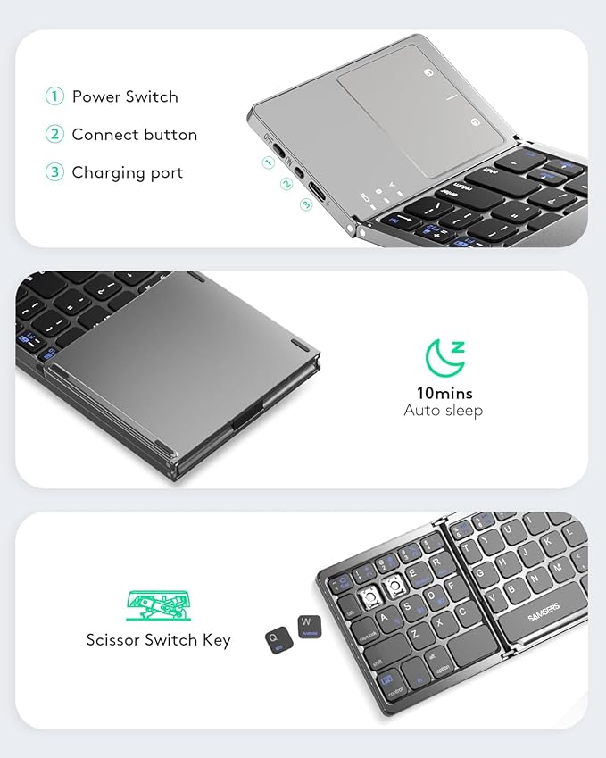Samsers Multi-Device Foldable Bluetooth Keyboard with Touchpad Rechargeable Dual-Mode(2.4G+BTx2) Wireless Keyboard with Holder, Portable Ultra Slim Folding Keyboards for Android Windows iOS Mac OS