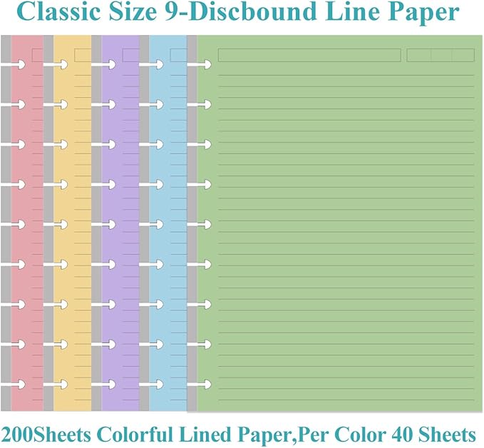 (2-Pack) 9-Disc Discbound 5 Colorful Line Paper Pre-punched Happy Planners Inserts, 200Sheets/400Pages Classic Size Line Loose-Leaf Paper, Per Color 40 Sheets, 7" x 9.25"