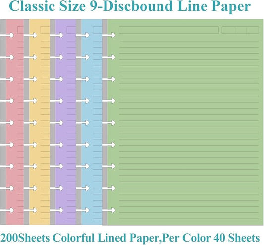 (2-Pack) 9-Disc Discbound 5 Colorful Line Paper Pre-punched Happy Planners Inserts, 200Sheets/400Pages Classic Size Line Loose-Leaf Paper, Per Color 40 Sheets, 7" x 9.25"