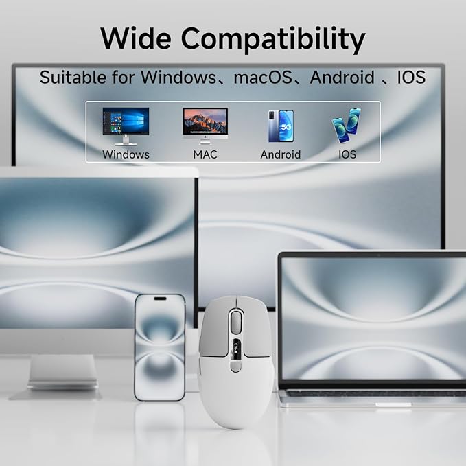 EWEADN Q1 Wireless Mouse, Bluetooth & 2.4G Silent Mouse Quiet Click with 3 DPI Levels, Battery & DPI Smart Display, 6 Button Small Portable Cordless Mice for Laptop/PC/Mac-Grey