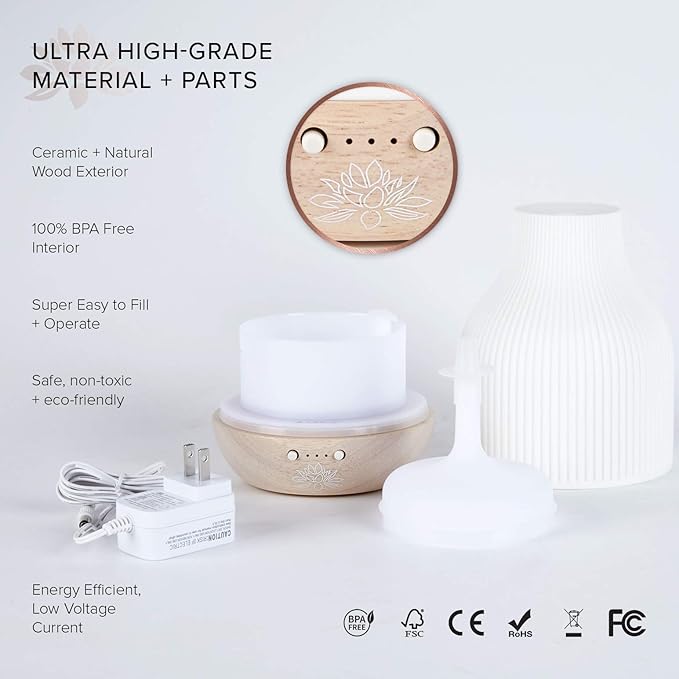 Essential Oil Diffuser Lamp, White Ceramic + Wood, Ultrasonic 180ml, Whispersoft, 4 Timers + 5 Light Settings, Auto Shut Off, Home + Office, Humidifier Air Purifier Aromatherapy