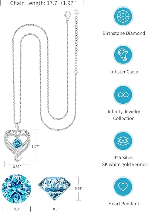 Jewelry for Women Wife Infinity Heart Birthstone I Love You Necklace S925 Anniversary Women Necklaces for Her Wife Birthday Gift Ideas, Birthday Present for Girlfriend Mom Daughter Sterling Silver