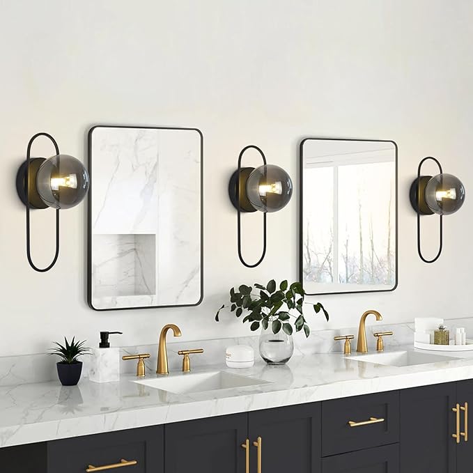 Black Globe Wall Sconce Mid Century Modern Bathroom Vanity Light Fixture Small Black and Glass Wall Mounted Light Vintage Hallway Sconces Wall Lighting (2 Pack)