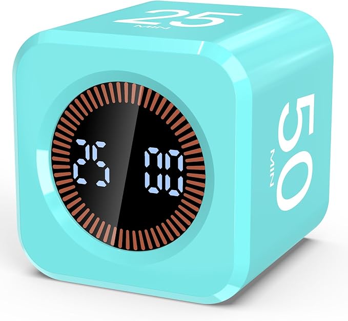 Pomodoro Timer Cube Visual Productivity Flip Timer for Kids Classroom Desk, 5/10/25/50min& Custom Countdown, Silent&Sound Mode Digital Cube for ADHD Study Work School Game Kitchen (Mint Green)