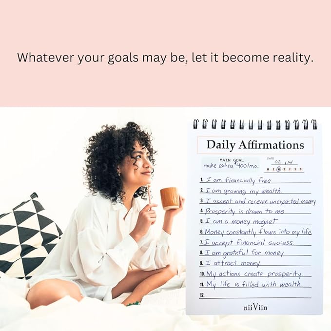 Daily Affirmations for Women - 50 Page Goals Journal, Write Your Own Positive Affirmations, Motivational Gifts for Women, 5"x7" Spiral Lined Pad, Pink, Black, White