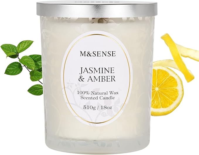 M&SENSE Jasmine Amber Scented Candle, Wooden Wick Candles with Lid, 100 Hours Slow Burning Natural Soy Wax 18oz, Stress Relief Relaxing Home Fragrance, Housewarming Gifts for Women Men