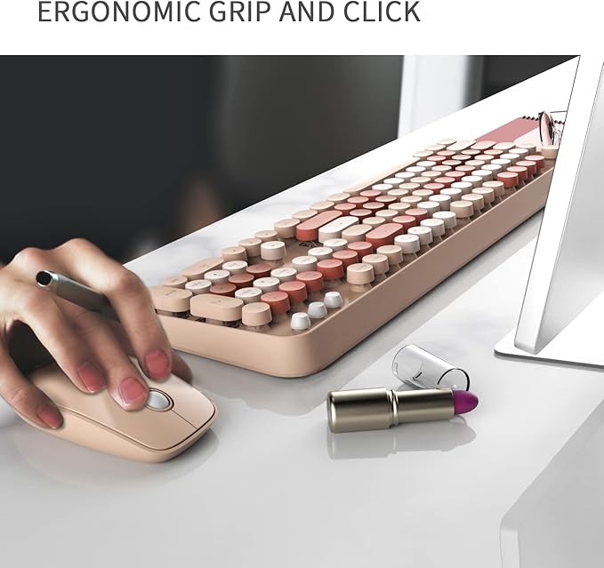 Wireless Keyboard Mouse Combo, 2.4GHz Typewriter Keyboard Wireless with 104 Cute Colorful Retro Round Keys, Letton Full Size Wireless Keyboard Mouse with 3 DPI for Computer PC Laptop-Brown