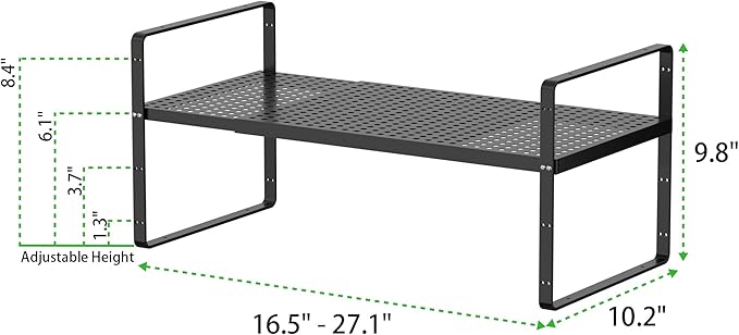 Expandable Cabinet Storage Shelf Stackable Organizer Rack for Kitchen Bathroom Pantry Spice Cupboard Coffee Countertop Home Office Desk Heavy Duty Nonslip Black Large 1 PACK