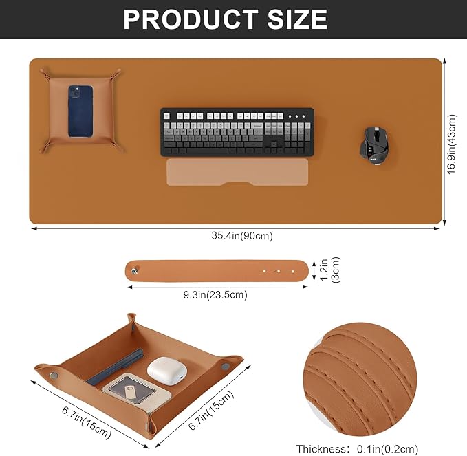 DAWNTREES Dual Sided Desk Mat,Leather Desk Pad,Brown 40"x16",Cork Desk Mat Protector,with PU Leather Valet Tray Organizer,Large Mouse Pad,Desk Writing Pad for Office and Home