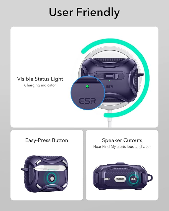 ESR for AirPods Pro 2 Case (2023/2022/2019, 2nd/1st Gen), Compatible with AirPods Pro 2nd Generation (USB-C/Lightning Cable), Effortless MagSafe, Drop-Proof Lock, Easy Open, Cyber Series,Purple