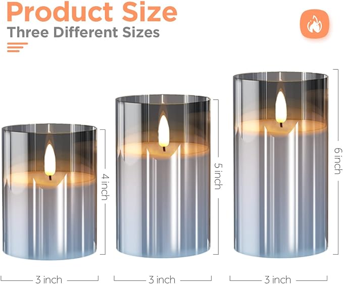 Glass Battery Operated LED Flameless Candles with Remote and Timer, Real Wax Candles Warm Color Flickering Light for Festival Wedding Home Party Decor(Pack of 3)-Grey