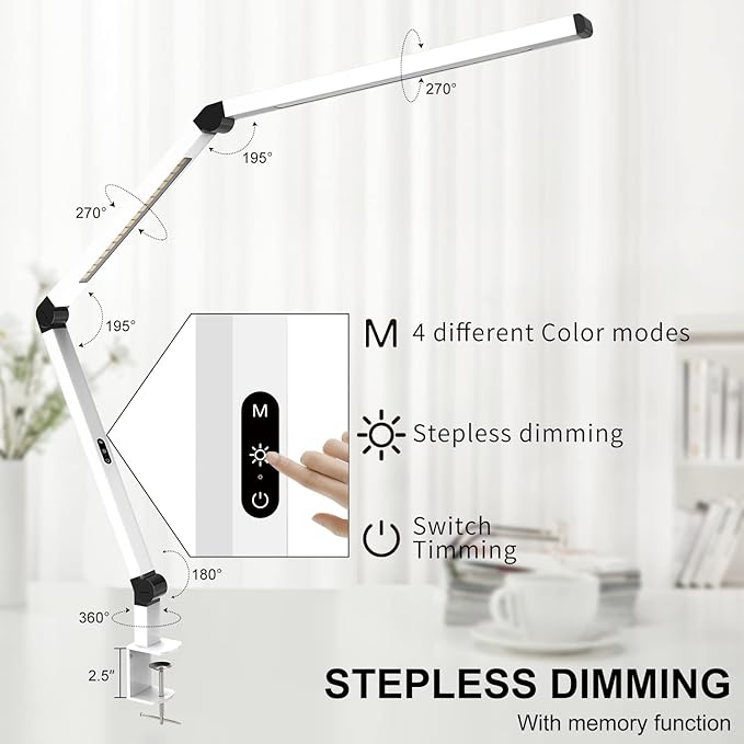 LED Desk Lamp with Clamp, Dual Light Table Lamp with Adjustable Swing Arm, Eye-Care 4 CCT Modes & 5 Brightness Levels Clip-on Architect Modern Desk Light for Home Office Crafting Sewing