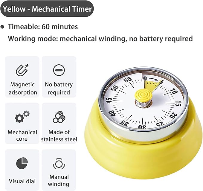 Elegant Stainless Steel Vintage Kitchen Timer with Magnetic Attachment - 60-Minute Countdown & Audible Alarm, Perfect for Cooking, Office Tasks, and Study Sessions (01-Yellow)