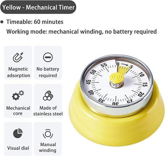 Elegant Stainless Steel Vintage Kitchen Timer with Magnetic Attachment - 60-Minute Countdown & Audible Alarm, Perfect for Cooking, Office Tasks, and Study Sessions (01-Yellow)