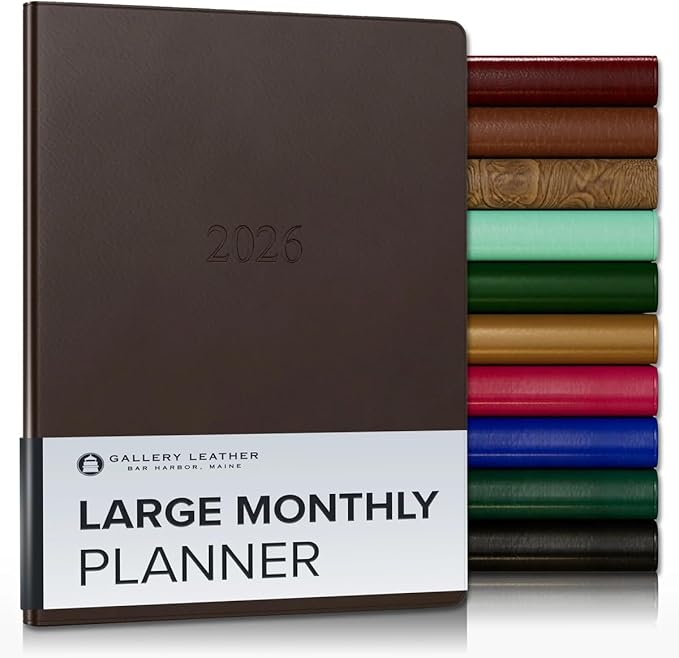 Gallery Leather Large Monthly Planner 2025-2026, Elegantly Bound Calendar Planner and Notebook with Stylish Gold-Gilded Page Edges, 18 Months - Freeport Mocha - 9.75x7.5"