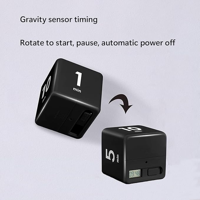Cube Timer, Gravity Sensor Flip Timer for Study, Work, Game, Task, Kitchen, Kids, ADHD, Productivity, Workout (Black 1-3-5-10)