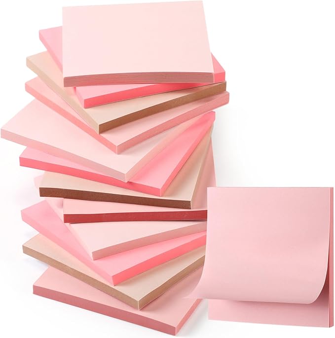 Thenshop 12 Pads Pink Sticky Notes 3''x3'', Self Stick Notes Pads Pink Office Supplies, Vintage Aesthetic School Accessories 50 Sheets/pad