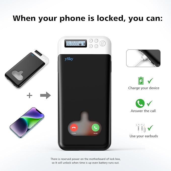 ySky Cell Phone Lock Box with Timer,Portable Timed phone Lock Box for iPhone and Android Phones, Self-Control Timer Phone Locker to Help Kids,Students, Adults Focus Back, Mobile Phone Addiction(Black)