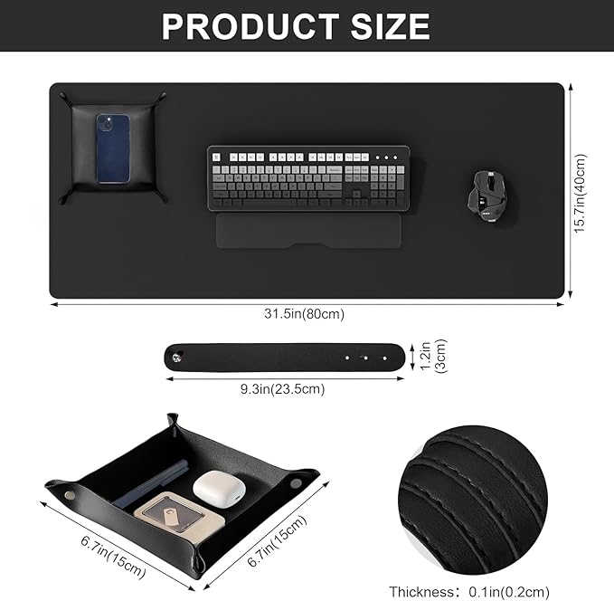 DAWNTREES Dual Sided Desk Mat,Leather Desk Pad,Black Cork Desk Mat Protector,with PU Leather Valet Tray Organizer,Large Mouse Pad,Desk Writing Pad for Office and Home(31.5"x15.8")