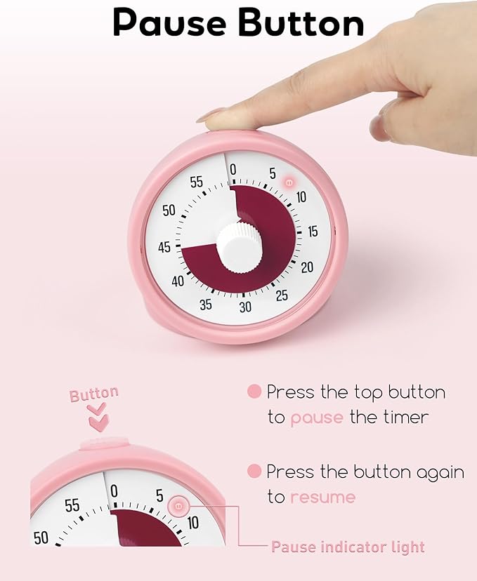Visual Timer for Kids with Pause Button, 60-Minute Countdown Timer with Silent Operation, Desk Pomodoro Timer Kid Time Management Tools for Classroom, Office and Kitchen, Pink